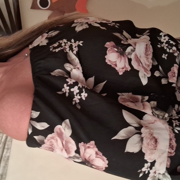 Silky,Sexy,Black with Pink Roses,Off Shoulder,Mini Dress with Long Bell Sleeves - Picture 5 of 11